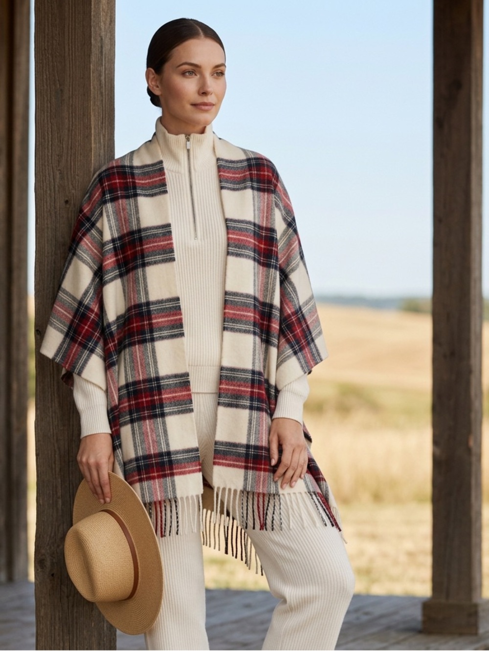 Abercrombie & Fitch Cream Plaid Fringe Open-Front Poncho with Red and Gray